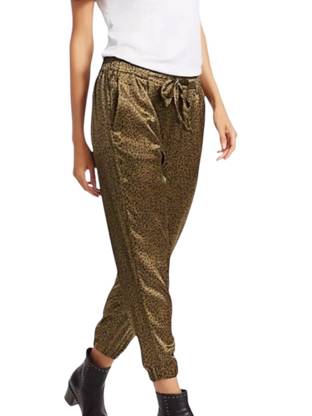 JOIE Leopard Satin Jogger Pants Paperbag Waist Ankle Pull-On Size M